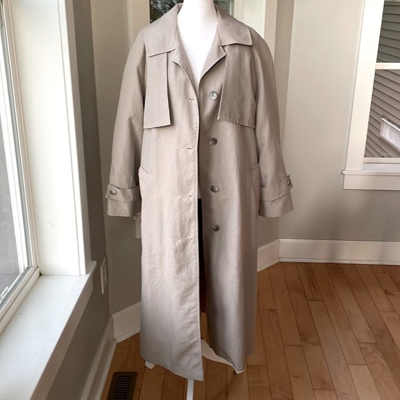 Vintage J&H Fashions Taupe Beige Full Length Trench Coat Wool Plaid Flannel - Picture 2 of 12